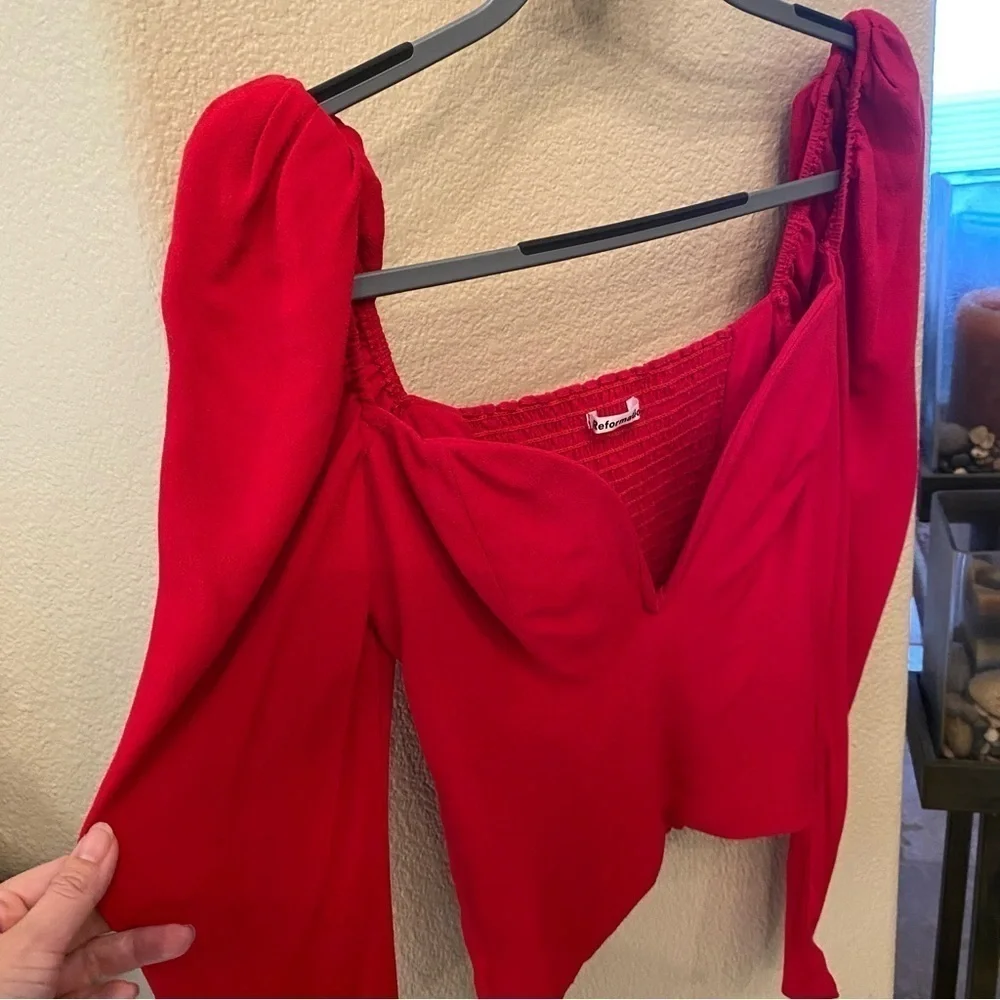 REFORMATION Women Roma Red Plunge Puff Long Sleeve Top Size 4